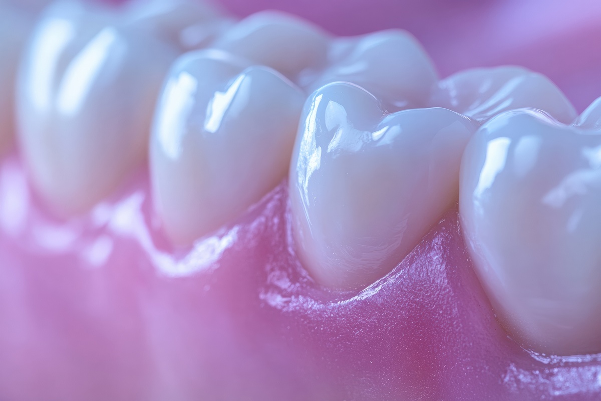 Gum recession reveals sensitive tooth root in close up dental visualization. Generative AI