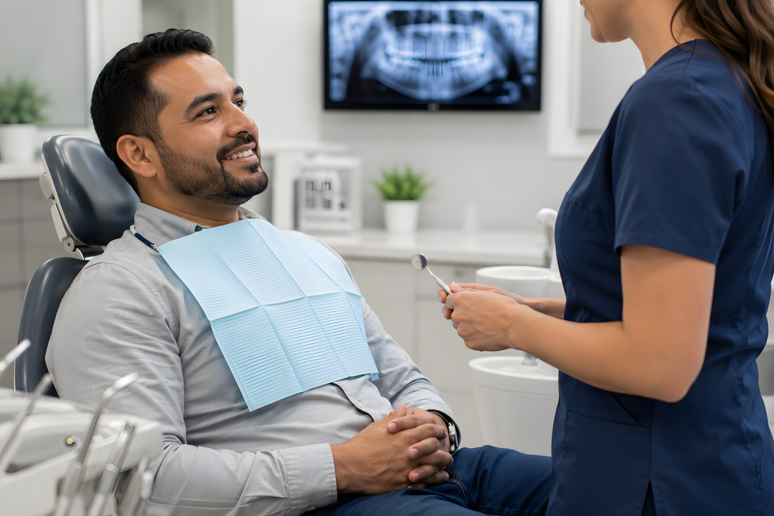Dentist performing a periodontal examination and consultation for scaling and root planing